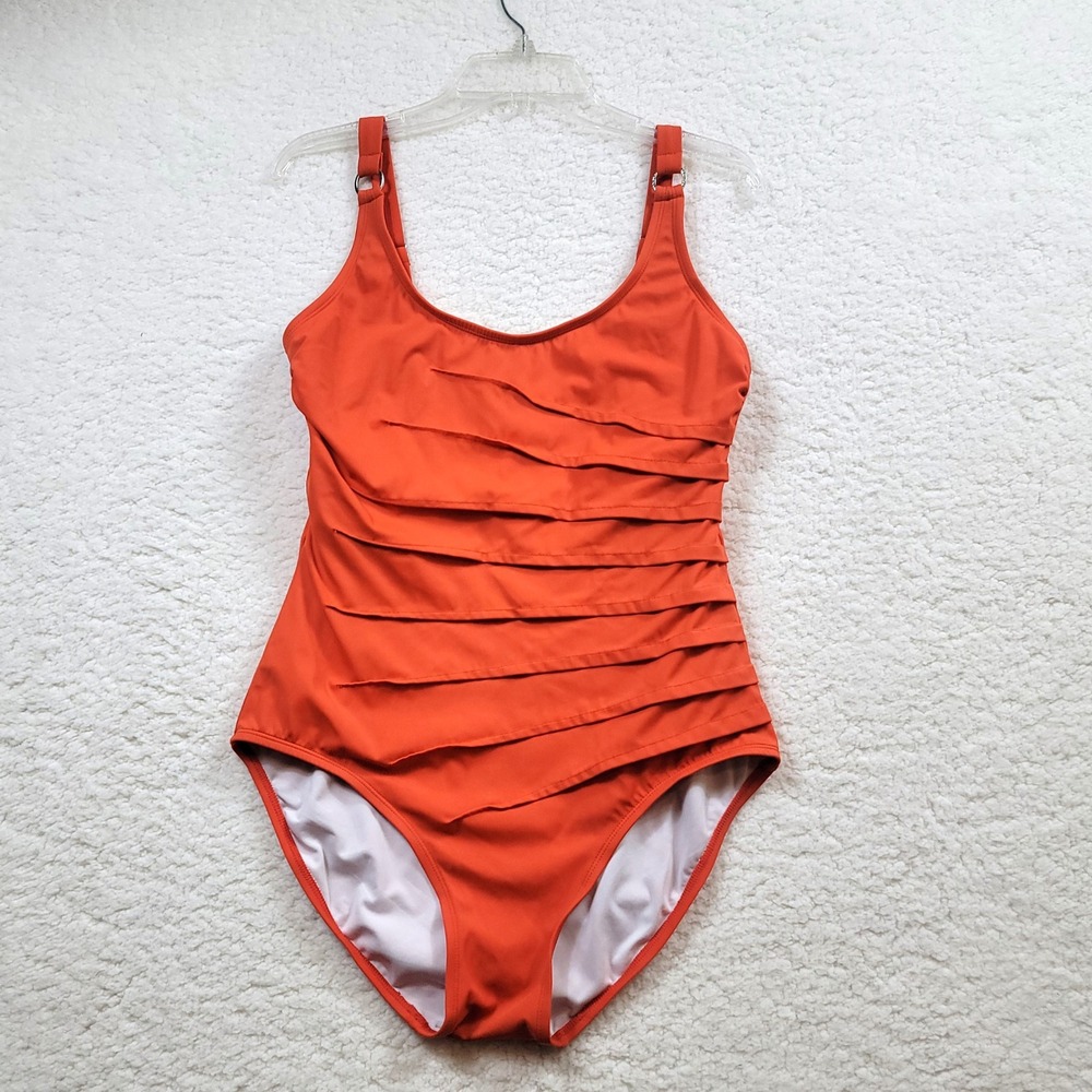 Calvin Klein Swimsuit Women 16 Orange Tiered Ruffle One Piece Scoop Neck